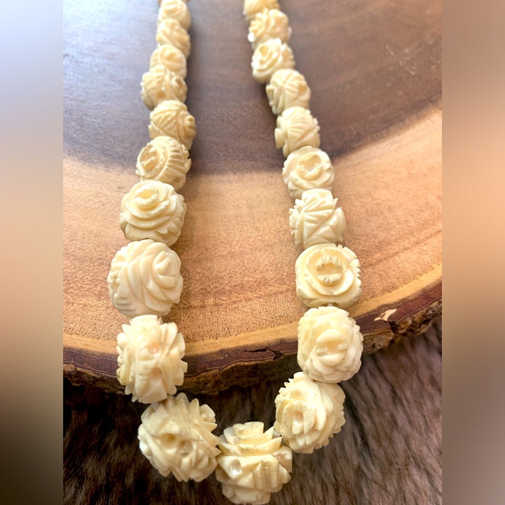 Antique hand carved bone rosette necklace 18in